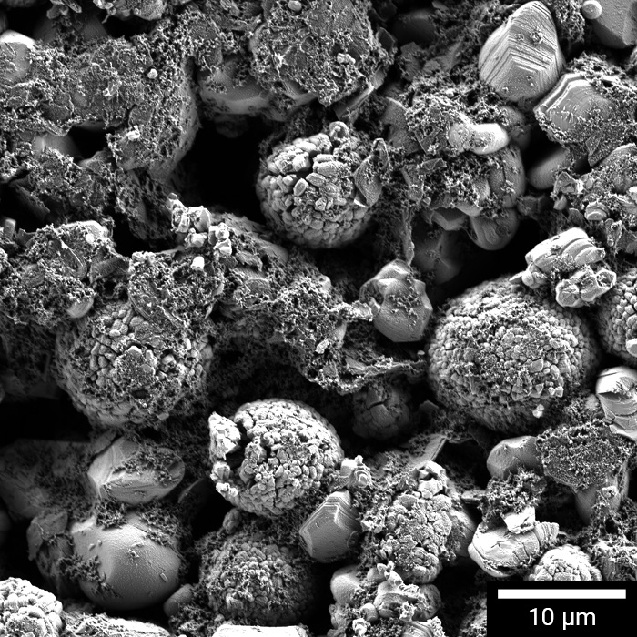 Lítium-ion katód SEM vizsgálata a részecskék és a kötőanyag megjelenítésével